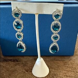 Elegant Silver, CZ  and Blue Green Teal Drop Earrings 2.75 inches NEW